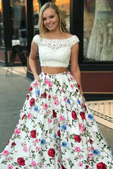 Floral Printed Two Piece Prom Dress, Cap Sleeves with Pockets
