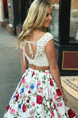 Floral Printed Two Piece Prom Dress, Cap Sleeves with Pockets