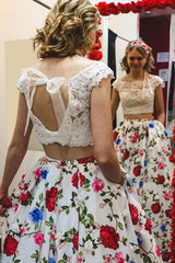 Floral Printed Two Piece Prom Dress, Cap Sleeves with Pockets