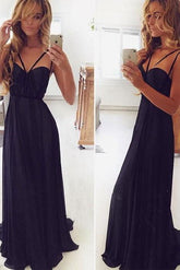 Flowy Black Long Chiffon A-Line Spaghetti Straps Prom Dress