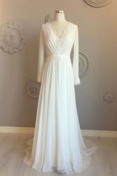 Flowy Chiffon V-Neck Backless Long Sleeve Beach Wedding Dress
