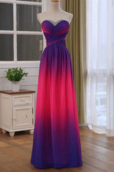 Fuchsia Pink Beaded Ombre Chiffon Sweetheart Long Prom Dress