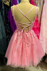 Chic Straps A-Line Pink Tulle Short Homecoming Dress with Appliques