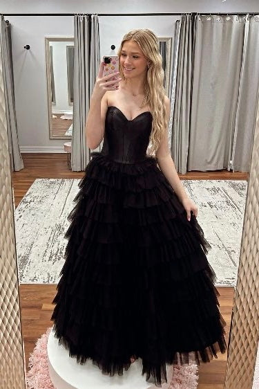 Black Strapless Princess Layered Prom Dress, Black Evening Gown with Slit