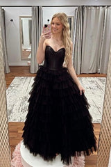 Black Strapless Princess Layered Prom Dress, Black Evening Gown with Slit