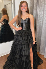 Black Strapless Princess Layered Prom Dress, Black Evening Gown with Slit
