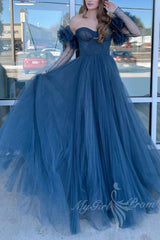Dusty Blue Sweetheart Off-Shoulder Tulle Long Prom Formal Gown