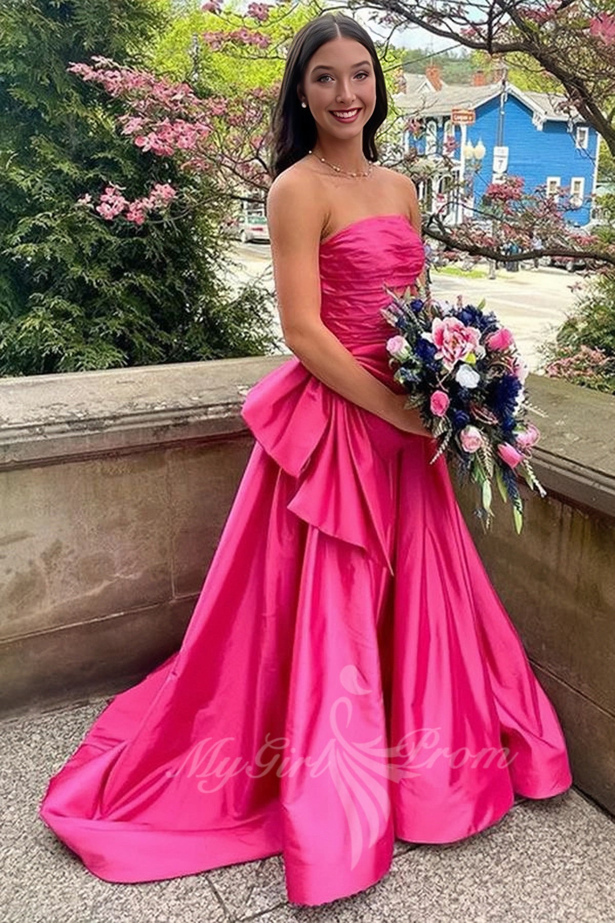 Elegant Strapless Hot Pink Satin Prom Dress with Bow and Train