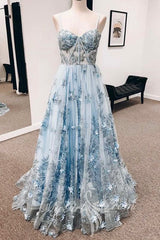 Blue Straps Sweetheart A-Line Floral Appliques Prom Dress, Long Formal Gown