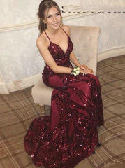 Burgundy Sequins V-Neck Evening Dresses Spaghetti Straps Prom Party Dresses