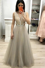 Deep V-Neck Long Prom Dress with Beading, A-Line Tulle Long Graduation Dress