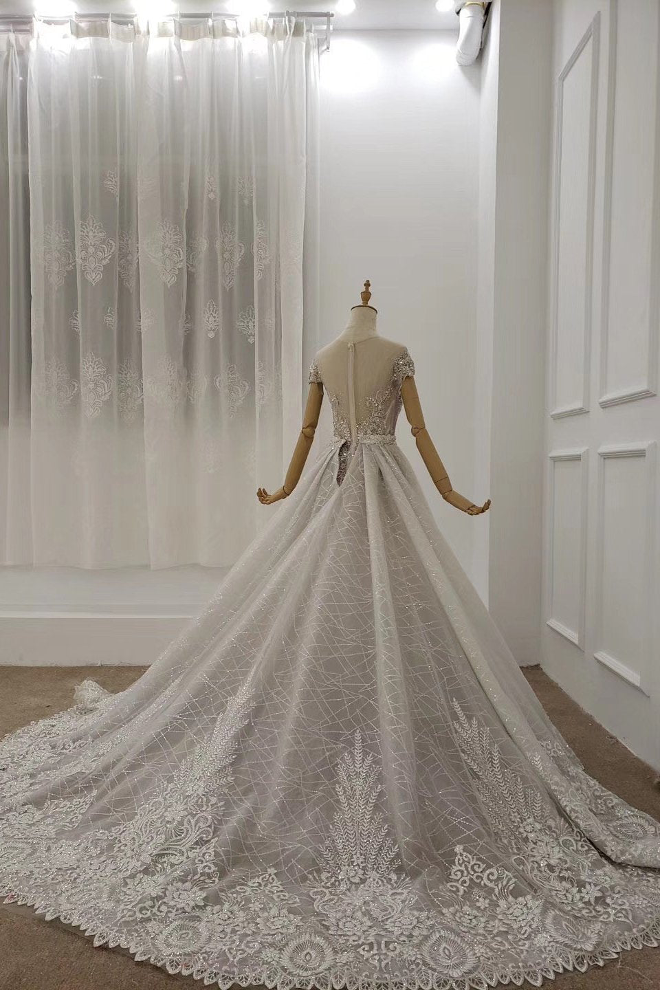 Cap Sleeves Sheer Neckline Beaded Formal Dresses with Detachable Train