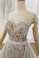 Cap Sleeves Sheer Neckline Beaded Formal Dresses with Detachable Train