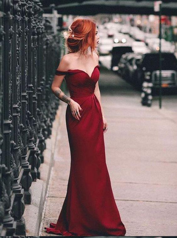 Burgundy Off-the-Shoulder Mermaid Simple Long Prom Dress