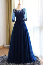 A-Line Scoop Neck Dark Blue Long Prom Dresses with Sleeves