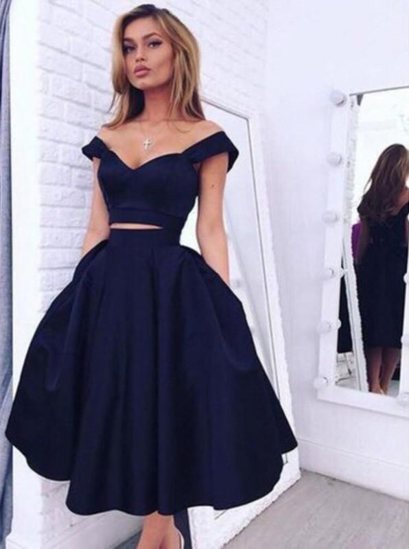 Dark Navy Two-Piece Off-Shoulder Mid-Calf Prom Dress
