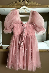 Blush Pink Pearls Corset Short Homecoming Dress, Princess Party Dress
