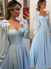 Disney Princess Blue Sweetheart Long Puff Sleeves with Floral Appliques Prom Evening Dress
