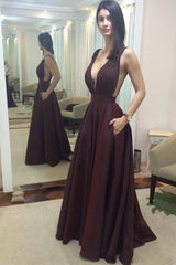 Burgundy Long Prom Evening Dress, Deep V-Neck A-Line Satin with Pocket