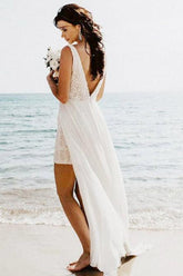 Elegant Sheath Backless Beach Wedding Dress with Overskirt