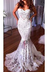 Charming Sweetheart Beaded Applique Mermaid Beach Lace Wedding Dress