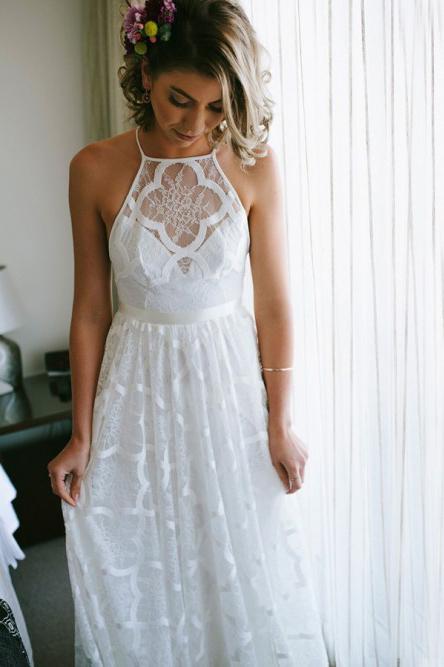 Boho Lace Halter A-Line Beach Wedding Dress