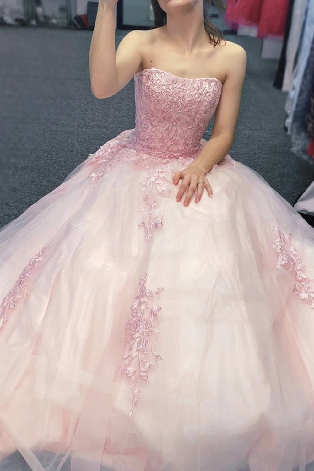 Elegant Strapless Pink Sweet 16 Lace Tulle Long Prom Dress