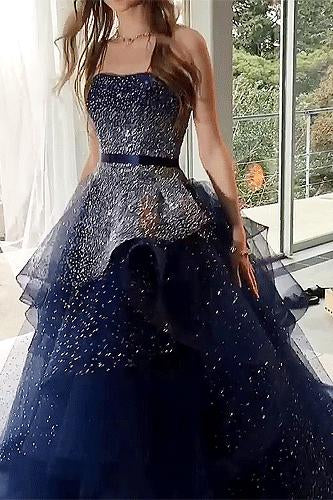 Strapless Navy Blue Starry Night Asymmetry Prom Dresses with Beading marsenbride