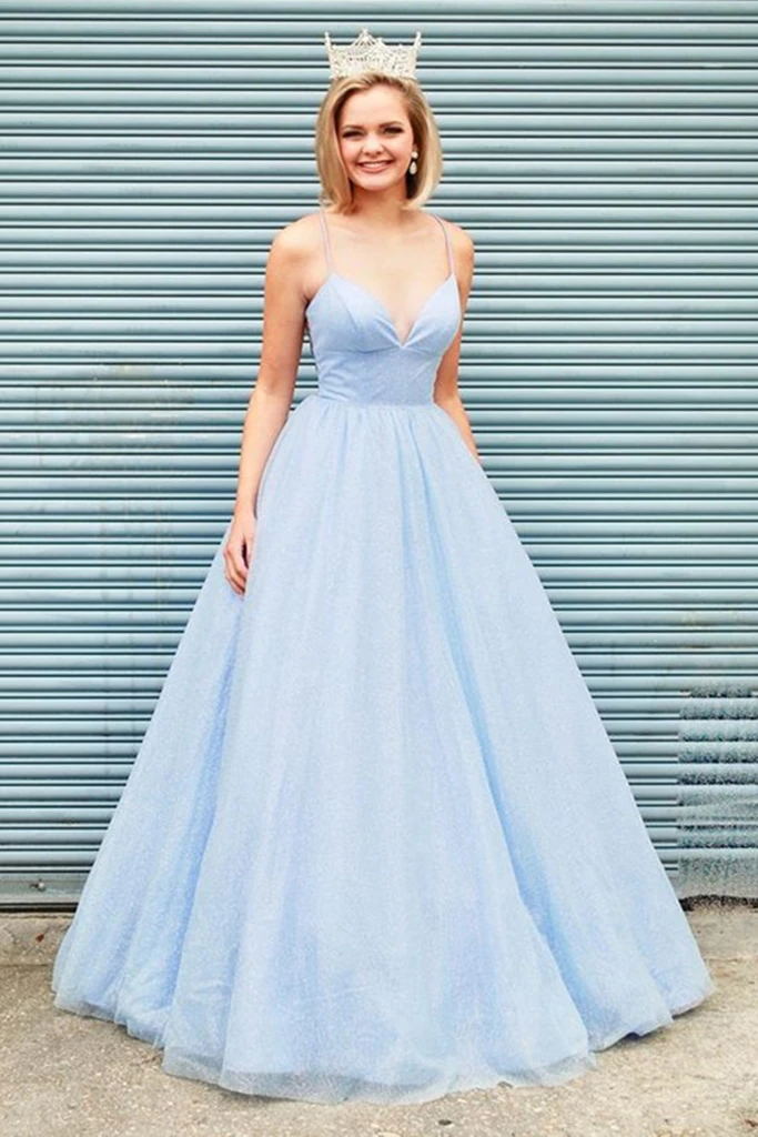 Elegant A-Line V-Neck Light Blue Backless Prom Dress