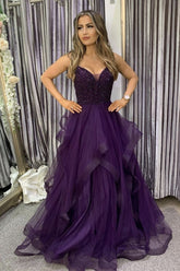 Fluffy A-Line V-Neck Tulle Purple Formal Prom Dress with Beading
