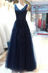 Dark Navy V-Neck Tulle Long Prom Dress with Beading Appliqued