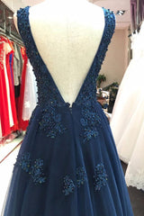 Dark Navy V-Neck Tulle Long Prom Dress with Beading Appliqued