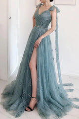 Bow Tie Strap Dusty Blue A-Line Lace Split Prom Dress