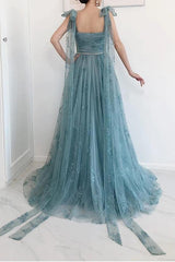Bow Tie Strap Dusty Blue A-Line Lace Split Prom Dress