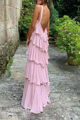 Elegant Halter Chiffon Prom Dress with Layered, Backless Evening Gown