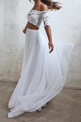 Boho Chiffon Off-Shoulder Two-Piece Beach Wedding Dress