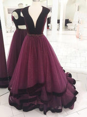 Elegant Grape Long Prom Dress, V-Neck Tulle Formal Evening Gown