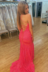 Charm Hot Pink Sequins Mermaid Prom Dress, Lace-Up Back Evening Gown