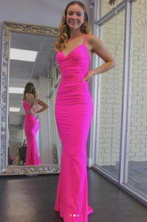 Elegant Spaghetti Straps Mermaid Hot Pink Long Prom Dress