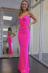 Elegant Spaghetti Straps Mermaid Hot Pink Long Prom Dress