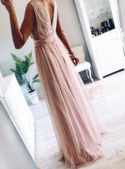 Elegant A-Line V-Neck Tulle Blush Long Prom Dress with Pearls