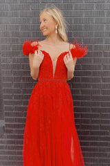 Charming A-Line Red Feather Beaded Long Prom Dress
