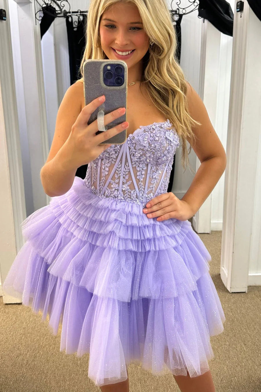 Charm A-Line Lace Appliques Tulle Layered Homecoming Dress, Lavender Short Prom Gown
