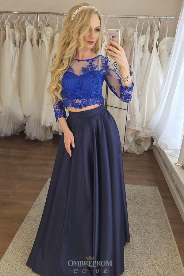 Dark Blue Two-Piece 3/4 Sleeve Applique Prom Graduation Dress