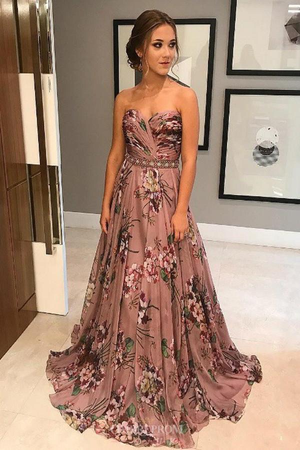 Floral Print A-Line Sweetheart Beaded Waist Prom Dress