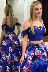 Drop Sleeve Two-Piece Royal Blue Flower Printed Prom Dress with Pockets