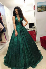 Dark Green V-Neck Sparkly Sequins Ball Gown Prom Dress