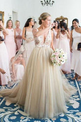 Deep V-Neck A-Line Tulle Wedding Dress with Lace Appliques