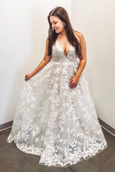 Elegant A-Line V-Neck Applique Long Plus Size Lace Wedding Dress