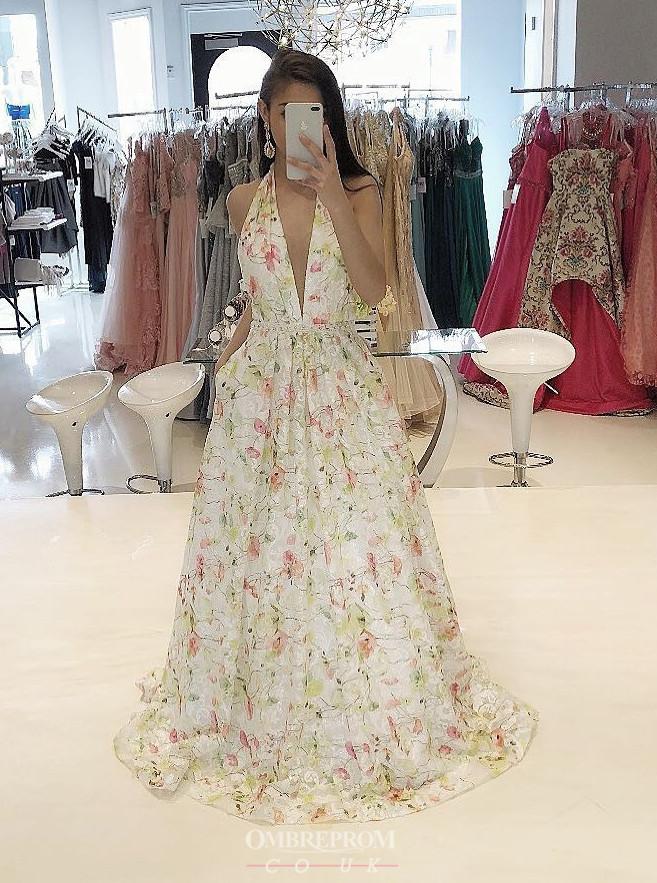 Flowy A-Line Floral Plunging Neckline Long Prom Dress